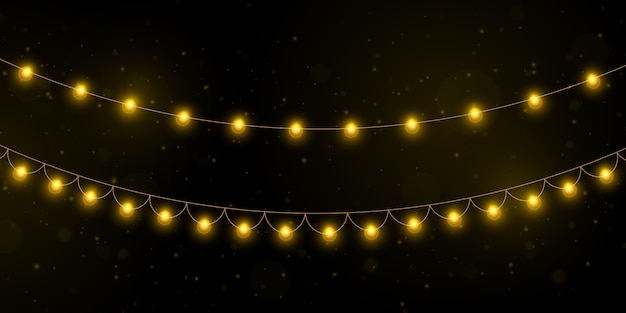 De gele kerstmislichten isoleerden realistische elementen. Premium Vector