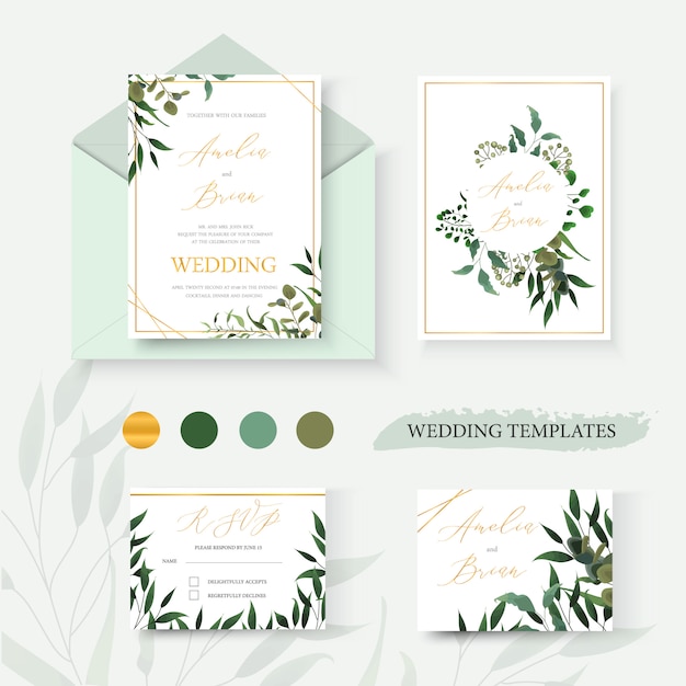De kaartenvelop van de huwelijks bloemen gouden uitnodiging bewaart het datum rsvp ontwerp met groene tropische de eucalyptuskroon en kader van bladkruidenkruiden. botanische elegante decoratieve vector sjabloon aquarel stijl Gratis Vector