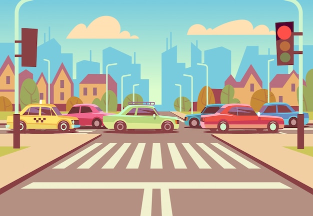 De kruispunten van de beeldverhaalstad met auto's in opstopping, stoep, zebrapad en stedelijke landschaps vectorillustratie Premium Vector