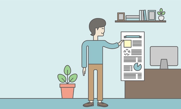 De man met een baard presenteert zijn rapport via infographics in office. rapportage concept. Premium Vector
