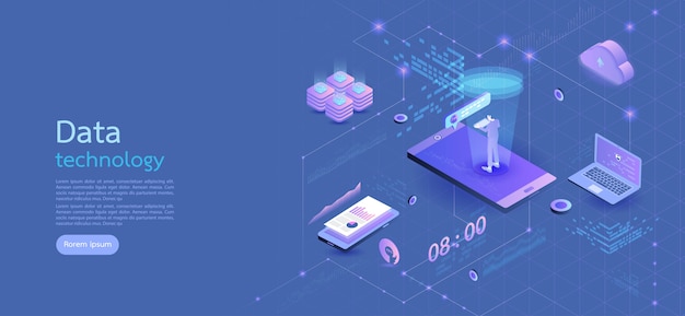 De moderne zaken van het ontwerp isometrische concept smartphone op blauwe achtergrond en infographic elementen. 3d isometrisch plat ontwerp. vector illustratie. Premium Vector
