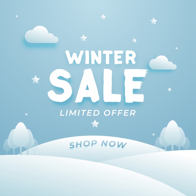 De mooie samenstelling van de de winterverkoop met wolken en boom Premium Vector