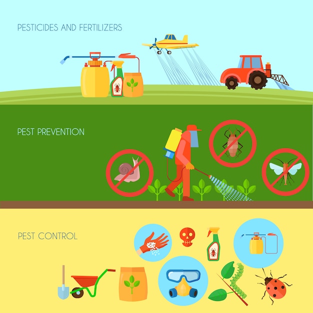 De pesticiden en de meststoffen horizontale die achtergrond met ongediertebestrijdingssymbolen wordt geplaatst platten vlak vectorillustratie Gratis Vector