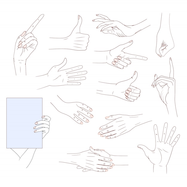 De reeks dient verschillende die gebaren in op witte achtergrond worden geïsoleerd. goede huidlijn illust Premium Vector