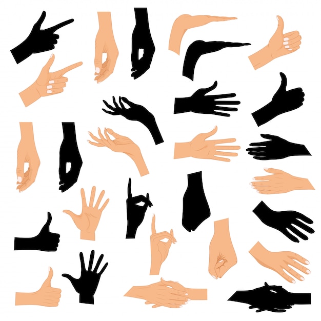 De reeks dient verschillende gebaren met een zwart silhouet in dat op witte achtergrond wordt geïsoleerd. Premium Vector