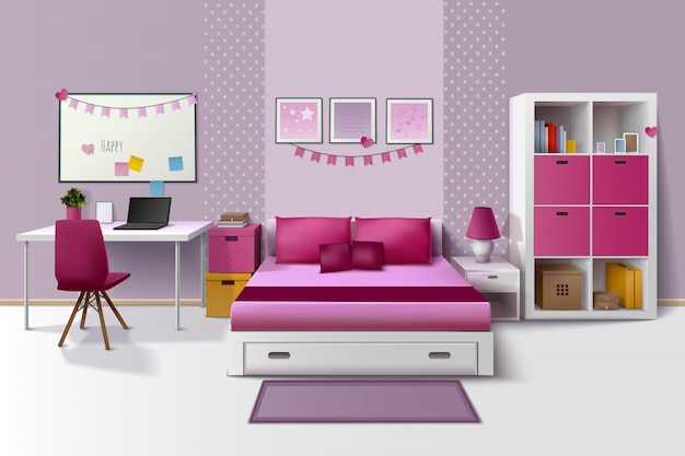 De ruimte modern binnenlands ontwerp van het tienermeisje met magnetische whiteboardkast en bed Gratis Vector