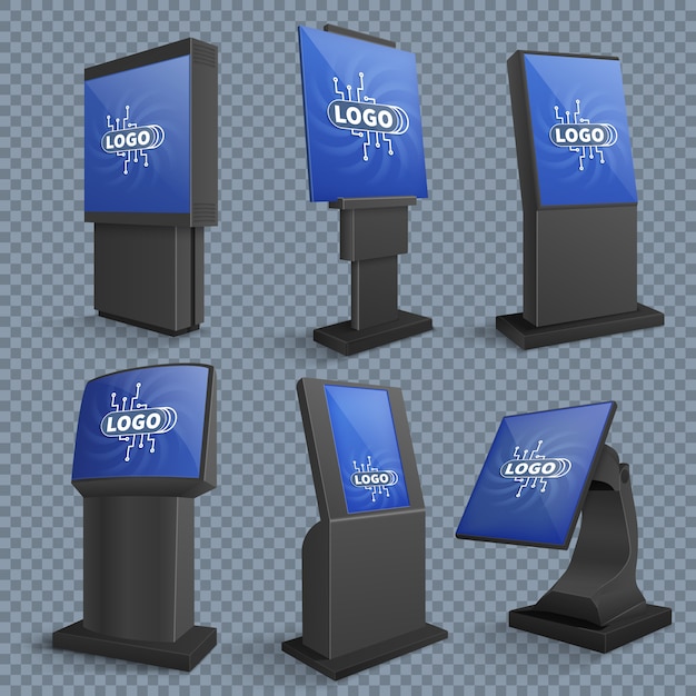 De terminals van de aanrakingsschermcomputer, lcd bevindende monitor van informatiekiosken vectorreeks. aanraakschermscherm, promotieillustratie voor stand-terminal Premium Vector