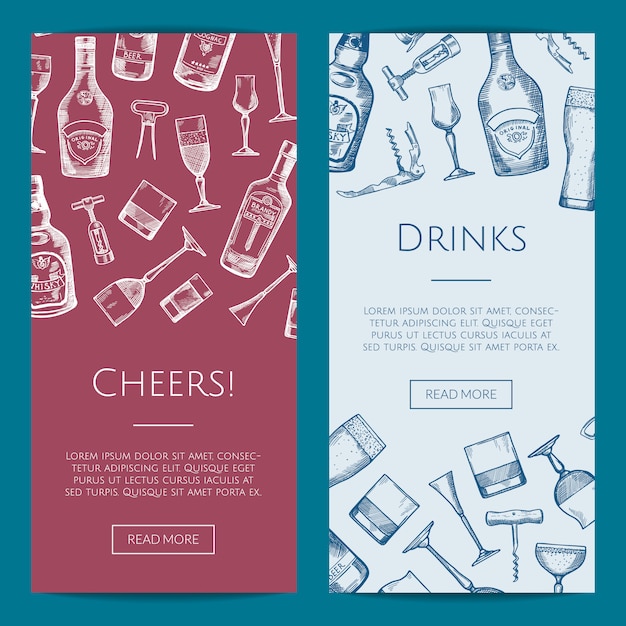 De vectorhand getrokken flessen van de alcoholdrank en de bannersillustratie van het glazen verticale web Premium Vector