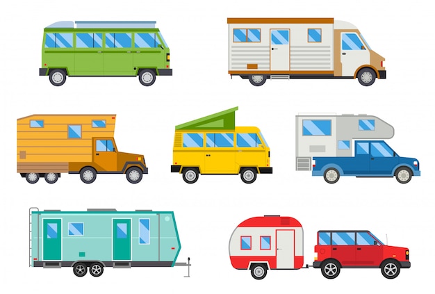 De vectorillustratiereeks verschillende kampeerders reist auto vlak vervoer. Premium Vector
