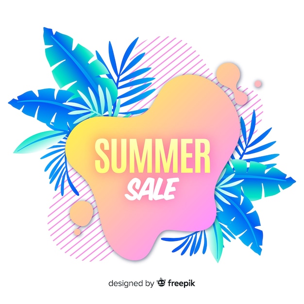 De verkoop vloeibare vormen van de zomer en tropische bladerenachtergrond Gratis Vector