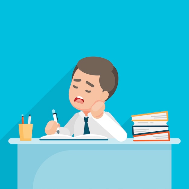 De vermoeide zakenman voelt gedeprimeerd en bored met administratie op kantoor, vectorkarakterillustratie. Premium Vector