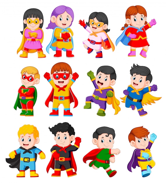 Vriendelijkheid Majestueus gemakkelijk De verzameling van de kinderen die het kostuum van superhelden gebruiken | Premium Vector Vriendelijkheid Majestueus gemakkelijk De verzameling van de kinderen die het kostuum van superhelden gebruiken | Premium Vector