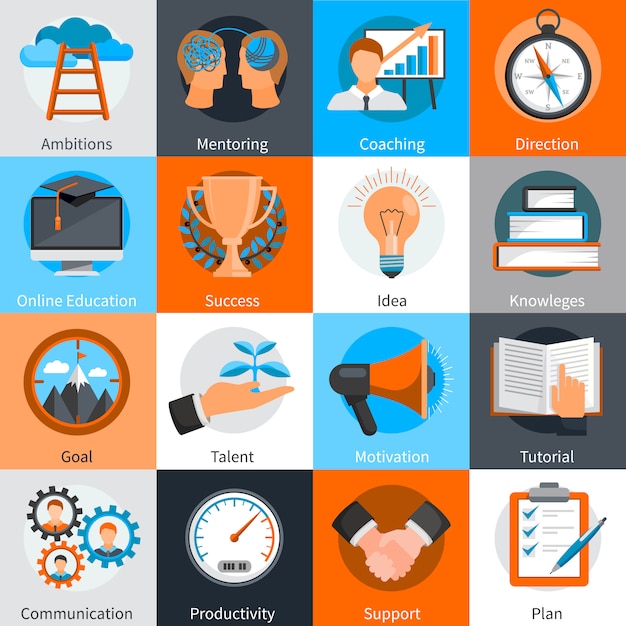 De vlakke elementen van het ontwerpconcept voor hoede en het trainen de vastgestelde geïsoleerde vectorillustratie van de vaardigheidsontwikkeling Gratis Vector