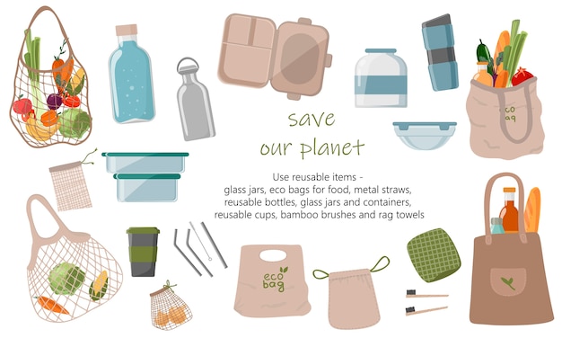 Tether Zeldzaamheid comfort De zero waste collectie van duurzame en herbruikbare producten of producten.  | Premium Vector