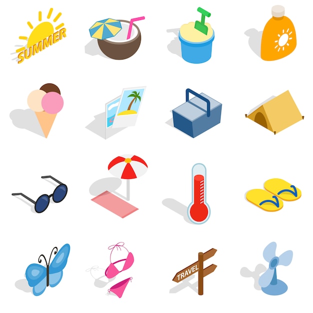 De zomerpictogrammen in isometrische 3d stijl geïsoleerde vectorillustratie worden geplaatst die Premium Vector