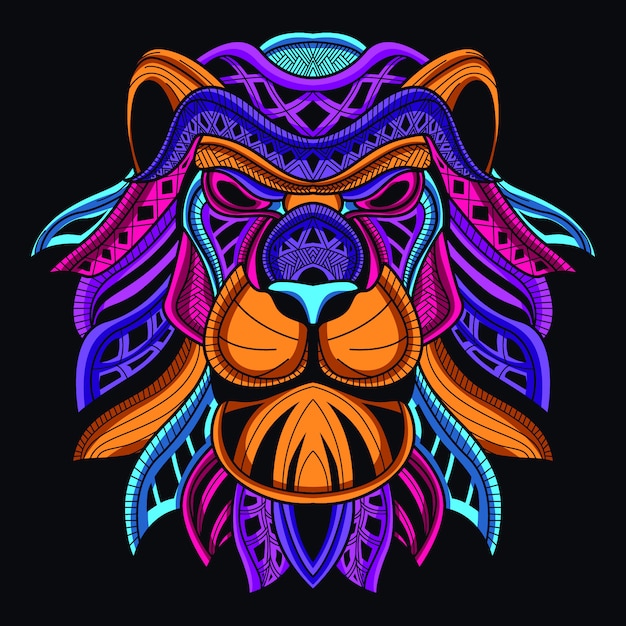 Decoratieve leeuwenkop in gloed neonkleur Premium Vector