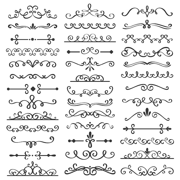 Decoratieve wervelingen verdelers. oud tekstscheidingsteken, kalligrafische wervelingsgrensornamenten en uitstekende verdeler vectorreeks Premium Vector