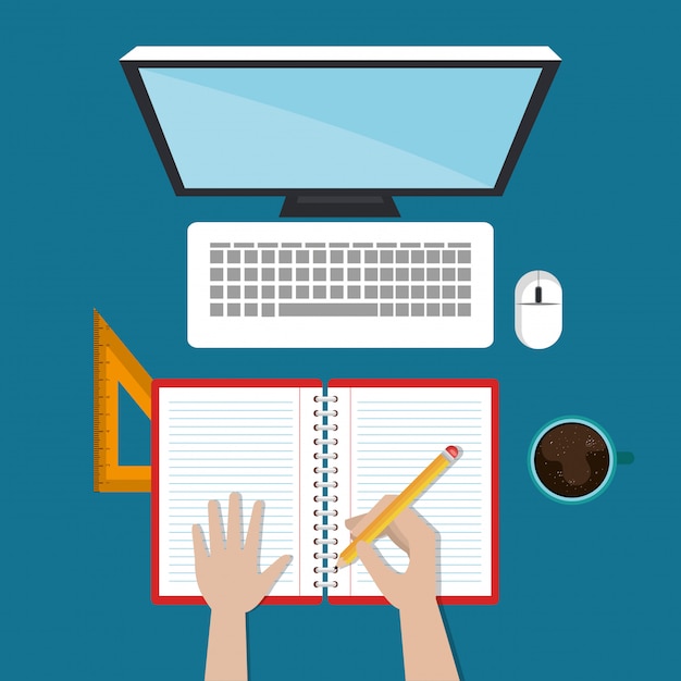 Desktopcomputer met eenvoudige e-learning Gratis Vector