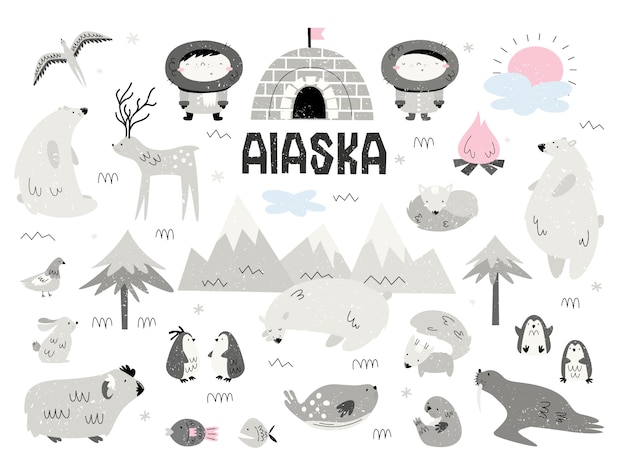 Dieren van alaska en eskimo's. groot aantal elementen, isolaten, objecten. scandi-stijl. Premium Vector