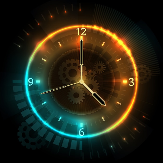 Digitaal futuristisch horloge met neoneffecten. tijd abstract vectorconcept met klok. tijd neon klok, kijk abstracte illustratie Premium Vector