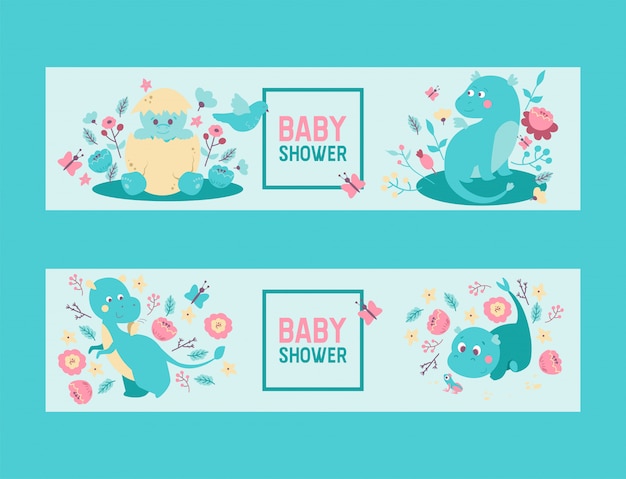 Dinosaurussen baby douche jongen of meisje vector uitnodiging. leuke dinosaurussen van babydino dinosaurussen en draken die uit ei uitbroeden, zittend in bloemen Premium Vector