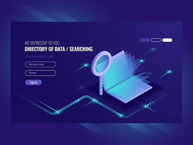 Directory met gegevens, informatie serching resultaat, boek met vergrootglas Gratis Vector