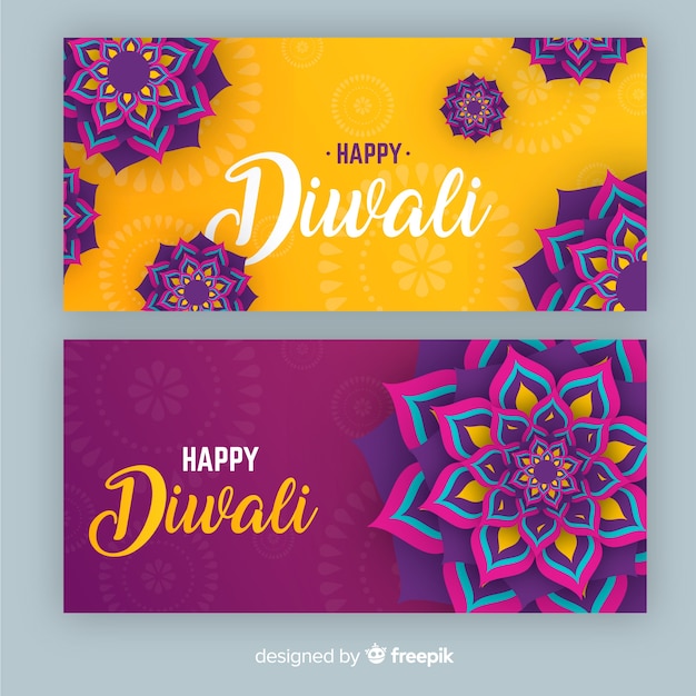 Diwali webbanners in plat ontwerp Gratis Vector