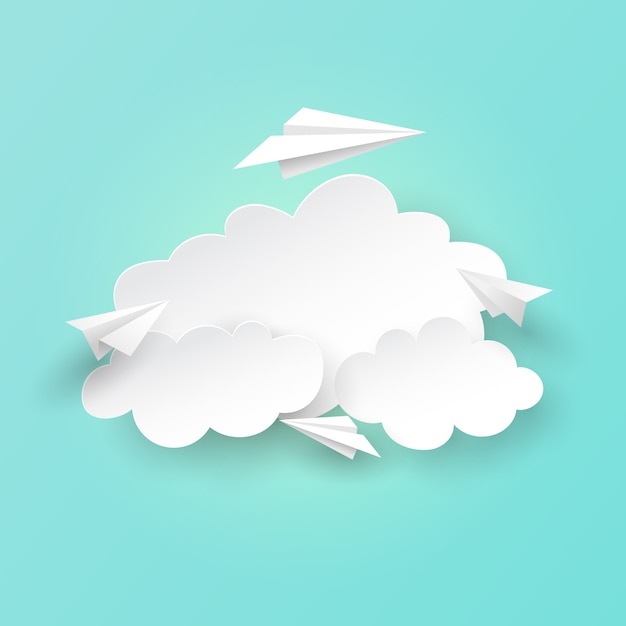 Document vliegtuigen die op wolkenachtergrond vliegen. Premium Vector
