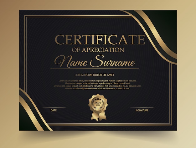 Donker diploma certificaat creatief ontwerp met award symbool Premium Vector