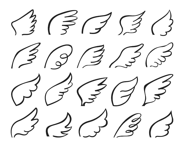 Doodle vliegende logo gestileerde schets veren tattoo overzicht tekening set | Premium Vector
