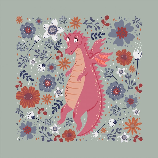 Draak met bloemen kaart ontwerp Premium Vector