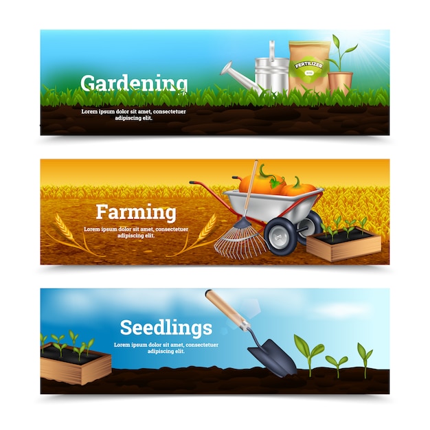 Drie tuinieren horizontale banners Gratis Vector