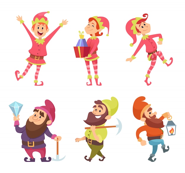 Dwergen en elfjes. grappige sprookjesfiguren in dynamische poses Premium Vector