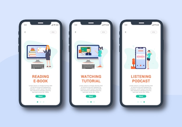 E learning app set van onboarding scherm mobiele ui Premium Vector