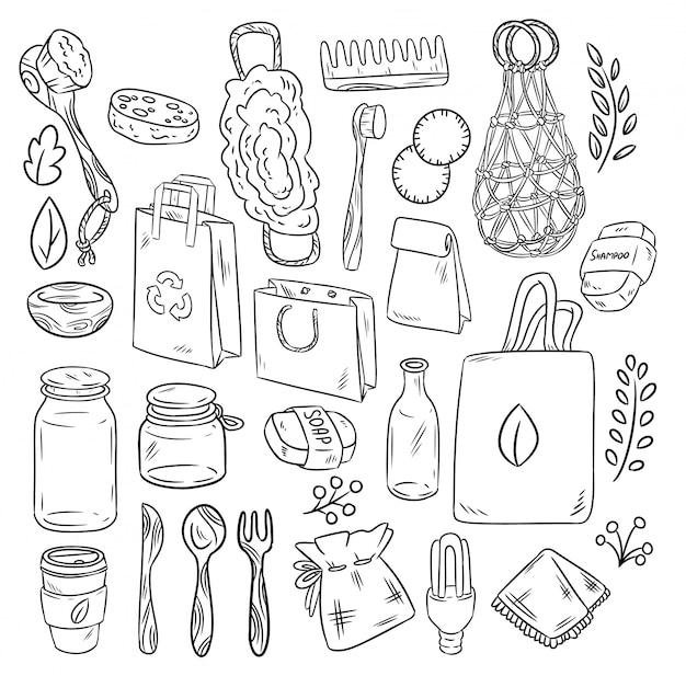 Eco-vriendelijke set doodles. ecologische en zero-waste verzameling van items. ga groen Premium Vector