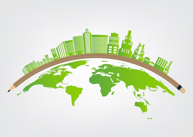 Ecologie en milieu-concept, symbool van de aarde met groene bladeren rond steden Premium Vector