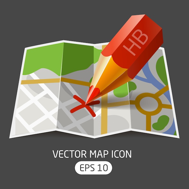 Ector pictogram papieren kaart met een rood potlood mark gemaakt Premium Vector