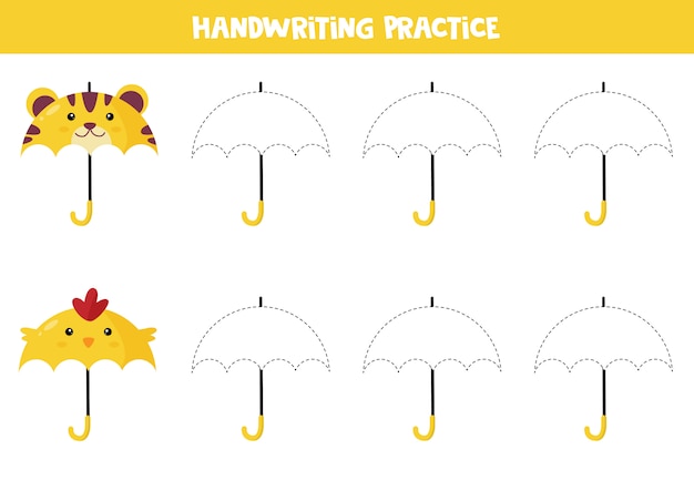 Educatief werkblad voor kleuters. handschrift praktijk. trace paraplu's. Premium Vector