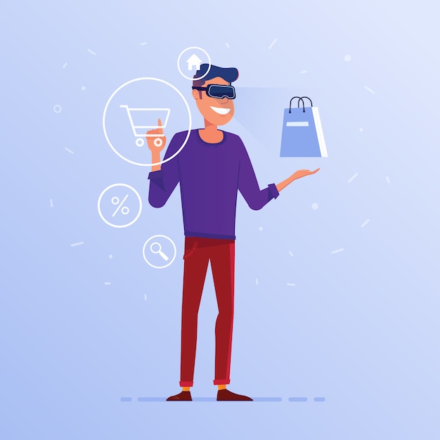 Een blanke man in vr-headset doet online winkelen. Premium Vector