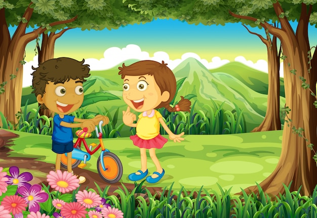 Een bos met kinderen en een fiets Gratis Vector