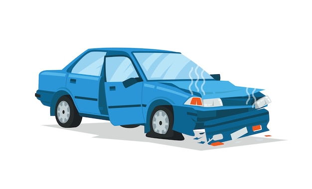 Een gesloopte kleine sedan bij een botsing en crash Premium Vector