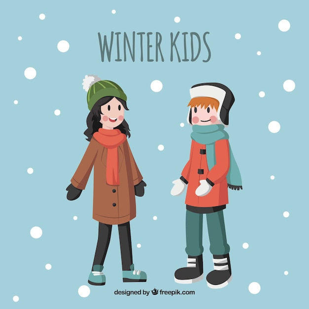 Een jongen en een meisje die in de sneeuw lopen Gratis Vector