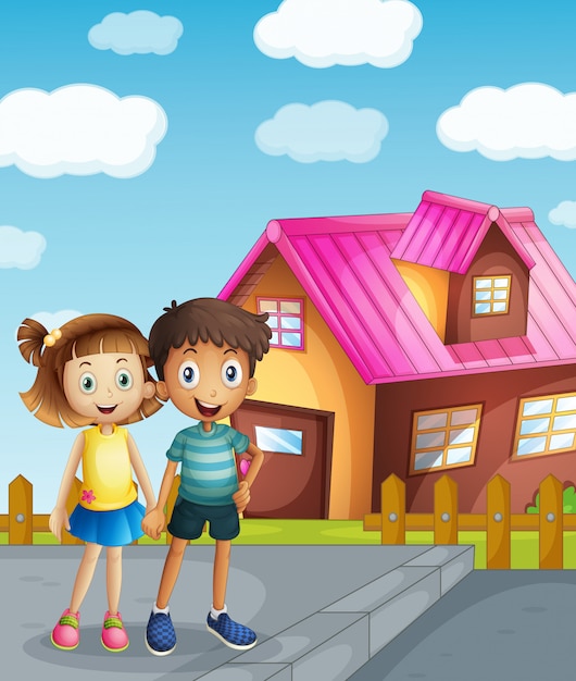 Een kind en een huis Gratis Vector
