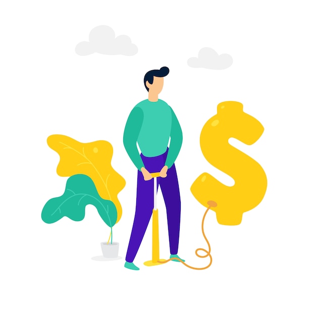 Een man blaast een dollarballon op met een pomp. vector. Premium Vector
