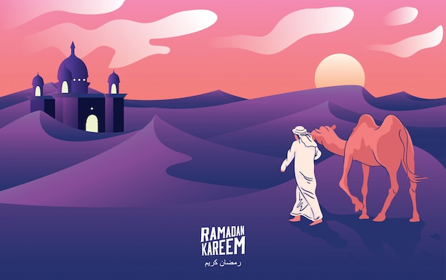 Een man reis met kamelen door de woestijn bij nacht in het welkom heten van ramadan kareem, vectorillustratie. -vector Premium Vector
