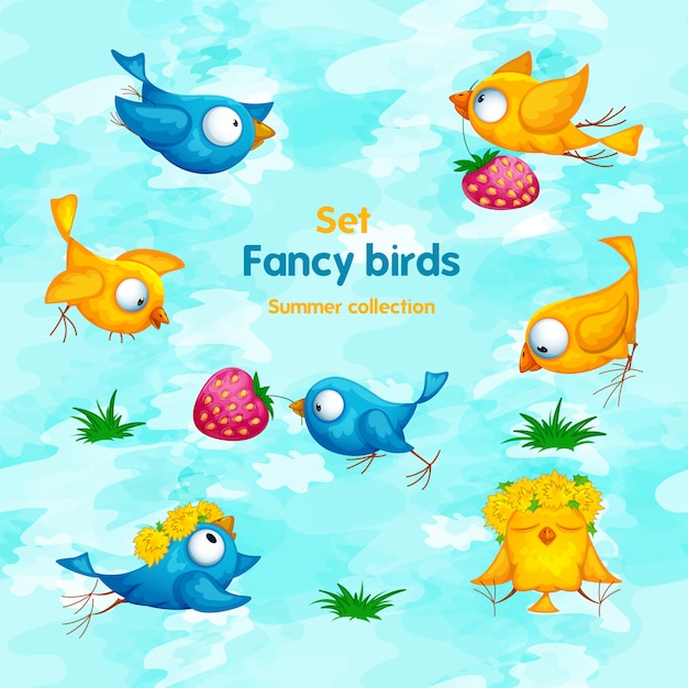 Een reeks grappige beeldverhaalvogels met bloemen, een kroon en aardbeien. Premium Vector