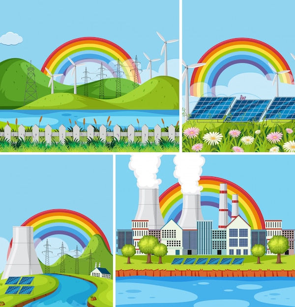 Een set van natuurlijke energiecentrale landschap Premium Vector