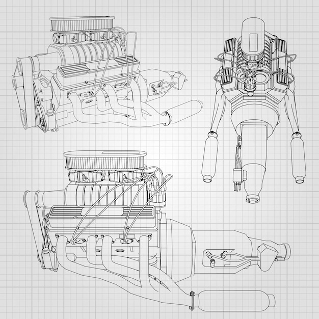 Een set van verschillende soorten krachtige automotoren. de motor is getekend met zwarte lijnen op een wit vel in een kooi Premium Vector