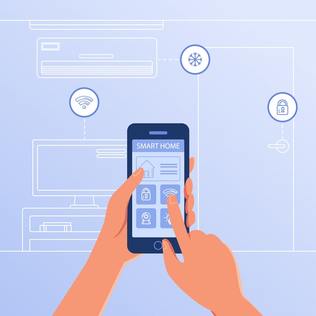 Een smartphone met smart home-instellingen en controllersysteem. Premium Vector