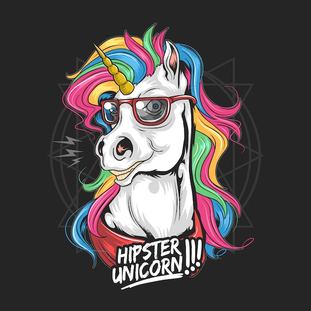 Eenhoorn hipster gebruik glazen regenboog haar volledige kleur zeer leuk gezicht Premium Vector
